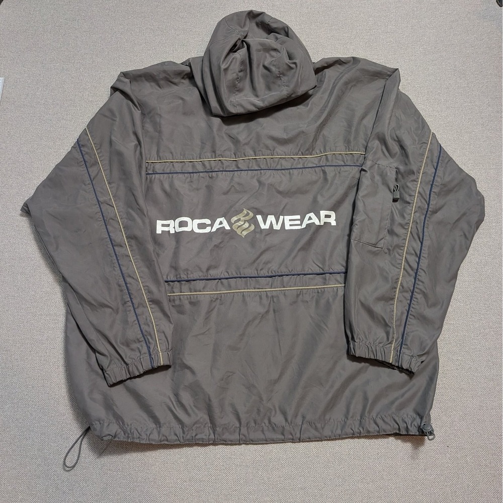 Rocawear Men's XXL Gray Hooded Windbreaker Jacket Full Zip Streetwear Y2K Logo